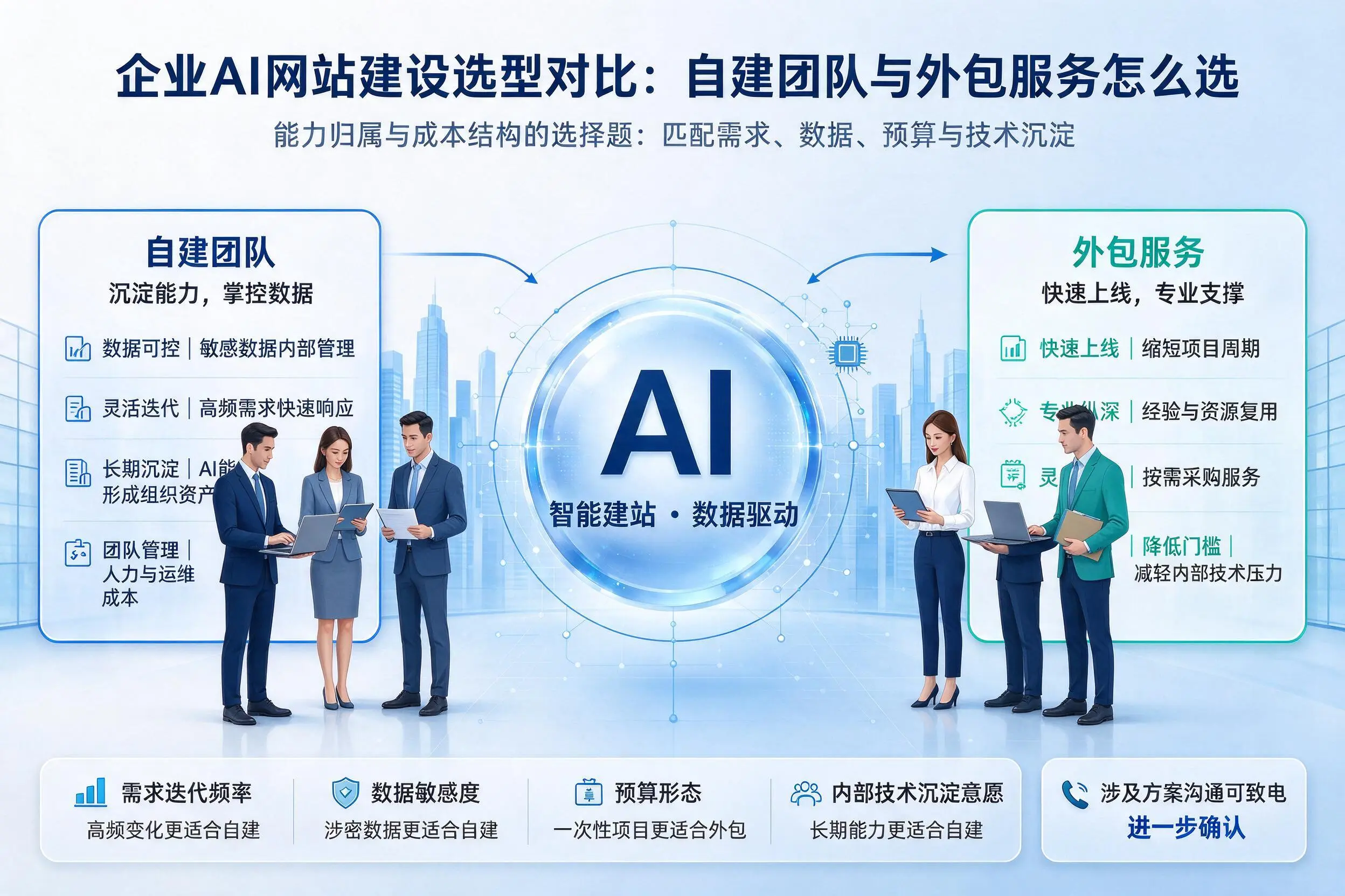 双河企业AI网站建设选型对比：自建团队与外包服务怎么选